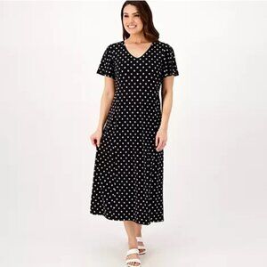 Susan Graver Printed Petite Liquid Knit Flutter Sleeve Midi Dress - Black